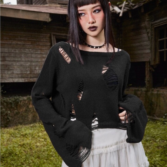 ROMWE Sweaters - Romwe Black Fairy Distressed Sweater Shredded Open Knit Grunge Sheer Goth XL